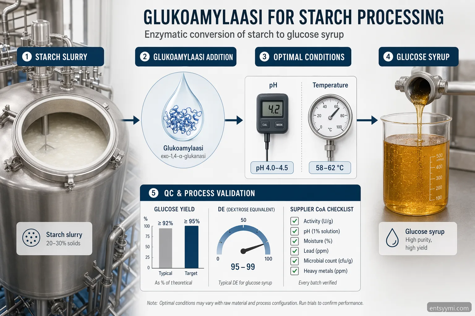 glukoamylaasi for starch processing guide shows pH, dosing, QC, and supplier qualification icons