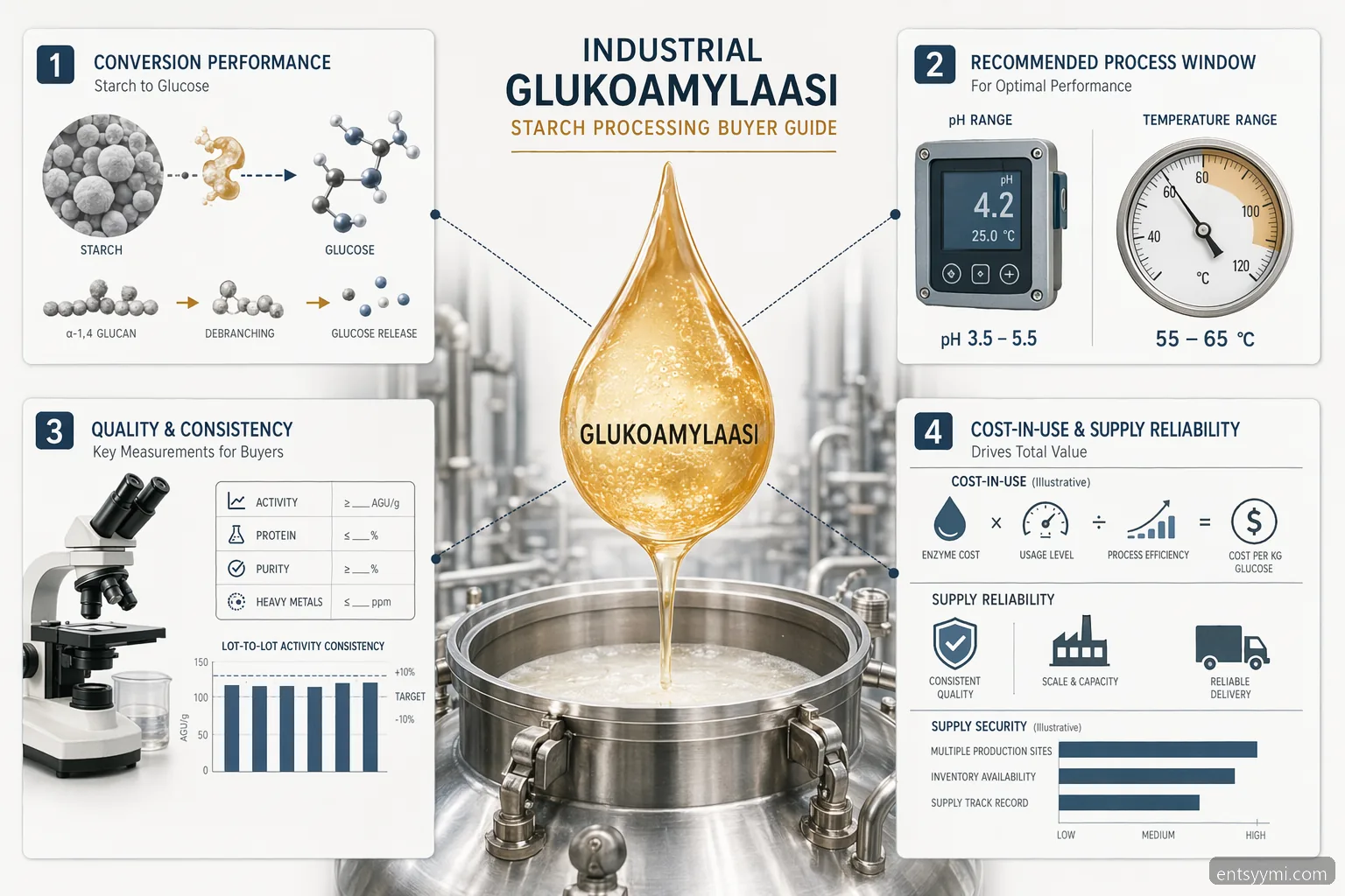 industrial glukoamylaasi starch processing buyer guide showing enzyme choice, process controls, QC and cost-in-use